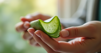 Mains tenant une tige d'aloe vera fraîche avec gel visible