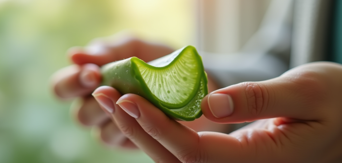 Mains tenant une tige d'aloe vera fraîche avec gel visible