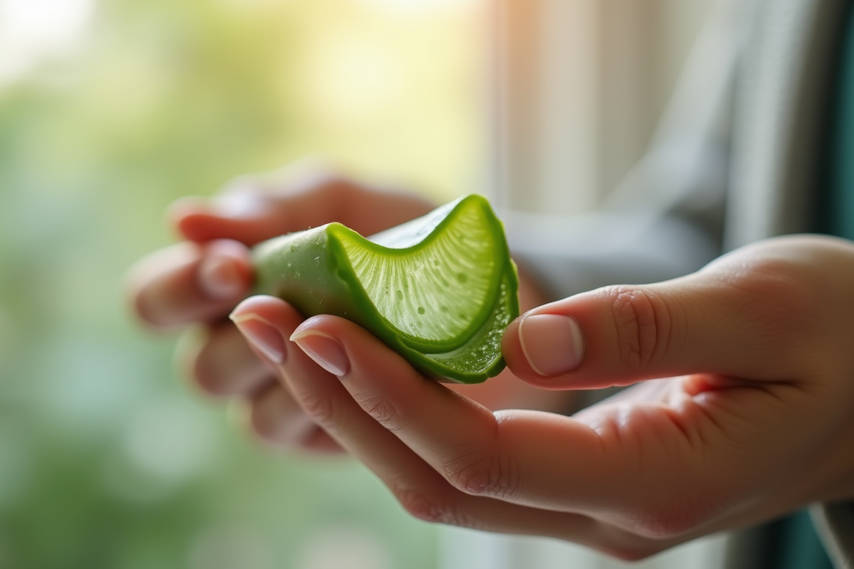 Mains tenant une tige d'aloe vera fraîche avec gel visible