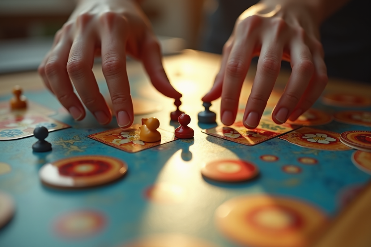 Mains manipulant des jetons de jeu sur un plateau de jeu
