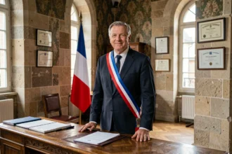 Maire français en écharpe tricolore dans son bureau officiel de mairie, illustrant le mandat et la rémunération du maire