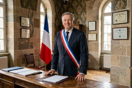 Maire français en écharpe tricolore dans son bureau officiel de mairie, illustrant le mandat et la rémunération du maire