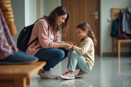 Maman aide sa fille à faire ses lacets dans un couloir lumineux