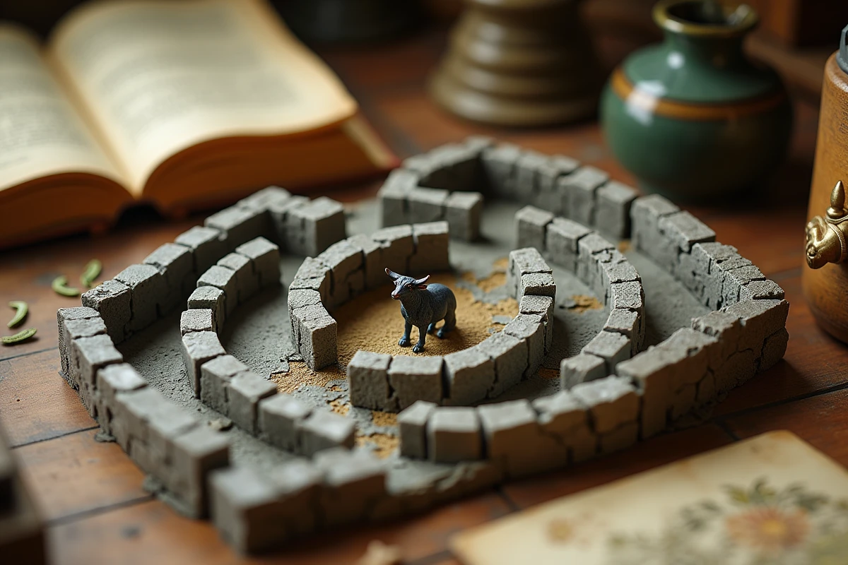 Maquette miniature du labyrinthe crétois avec figurine du Minotaure sur un bureau de chercheur entouré de livres de mythologie grecque