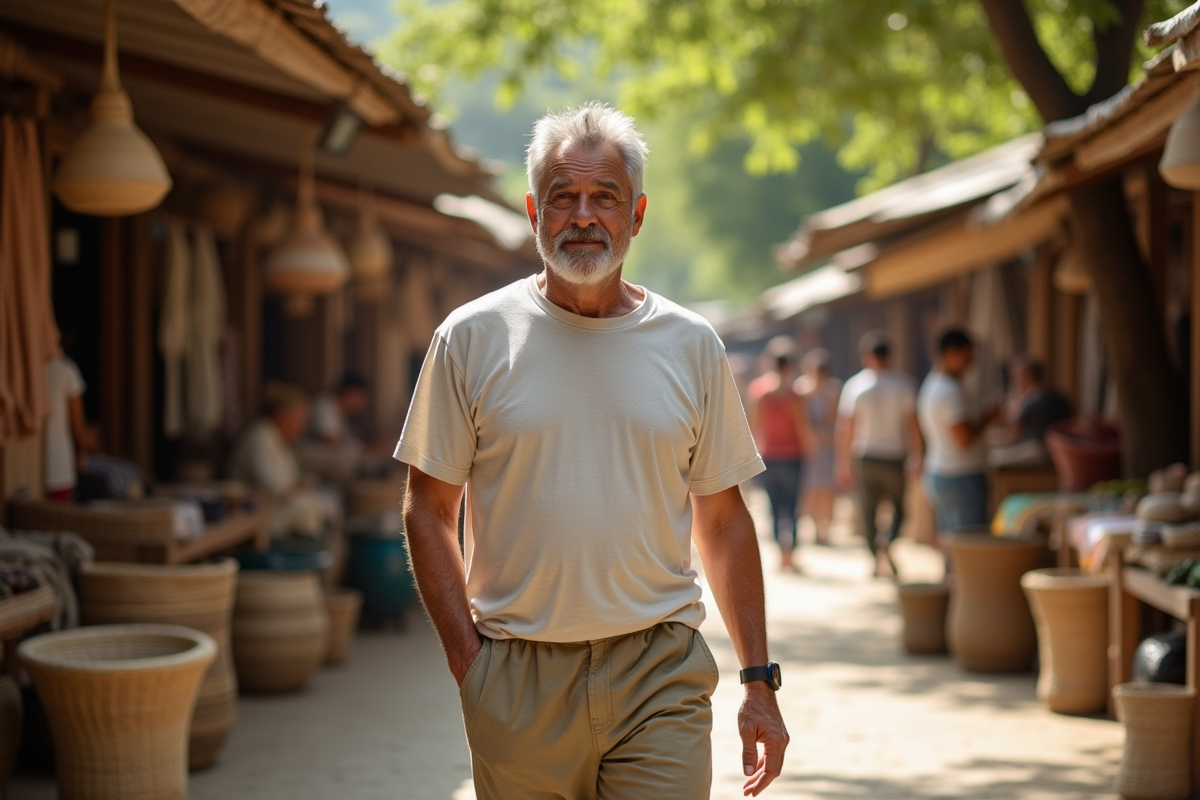 Homme dans un marché artisanal avec vêtements naturels