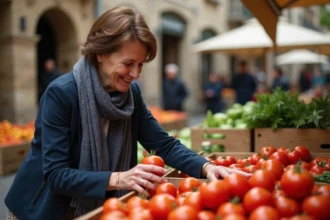 Femme souriante choisissant des tomates au marché d'ArgelèsGazost
