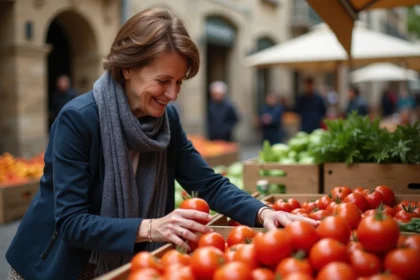 Femme souriante choisissant des tomates au marché d'ArgelèsGazost