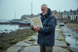 Marin consultant les horaires de marée sur un quai rocheux à Saint-Hilaire-de-Riez avant une sortie en mer