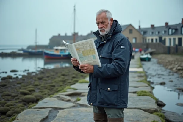 Marin consultant les horaires de marée sur un quai rocheux à Saint-Hilaire-de-Riez avant une sortie en mer