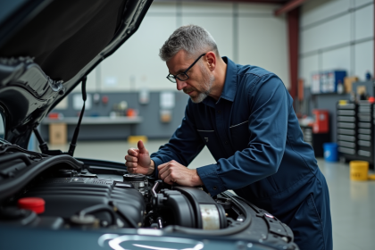 Mécanicien homme en overalls examine moteur hybride en atelier