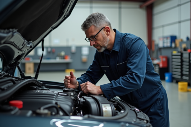 Mécanicien homme en overalls examine moteur hybride en atelier