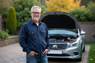 Mécanicien homme à côté d'une voiture en extérieur