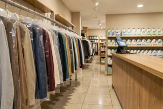 Intérieur d'un pressing moderne en Auvergne-Rhône-Alpes avec des vêtements suspendus sous housses transparentes et un comptoir en bois épuré