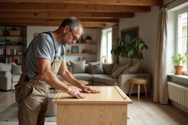 Menuisier travaillant sur une porte en bois dans un salon lumineux