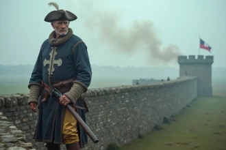 Reconstitution historique d'un mousquetaire du XVIIe siècle tenant un mousquet à silex devant les remparts d'une forteresse, évoquant la mort de d'Artagnan à la bataille de Maastricht