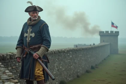 Reconstitution historique d'un mousquetaire du XVIIe siècle tenant un mousquet à silex devant les remparts d'une forteresse, évoquant la mort de d'Artagnan à la bataille de Maastricht
