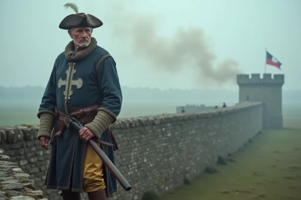 Reconstitution historique d'un mousquetaire du XVIIe siècle tenant un mousquet à silex devant les remparts d'une forteresse, évoquant la mort de d'Artagnan à la bataille de Maastricht