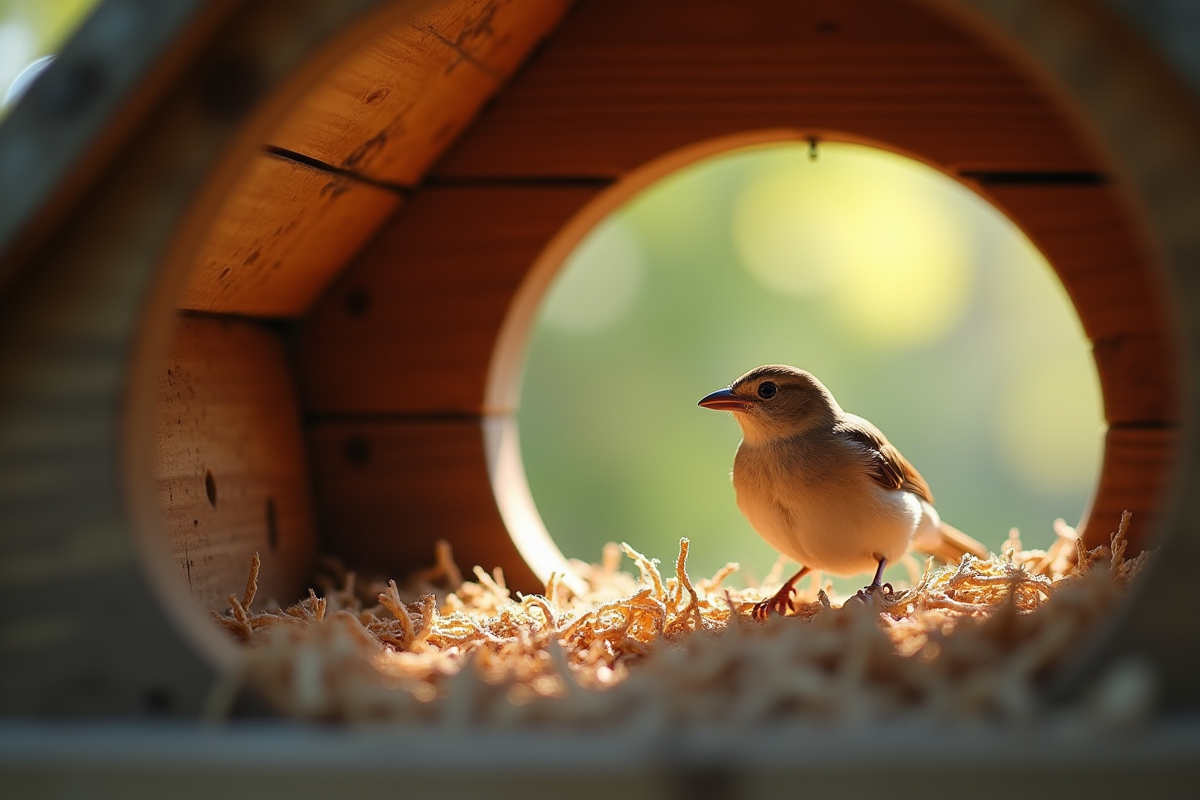 Moineau dans une cachette en bois regardant dehors