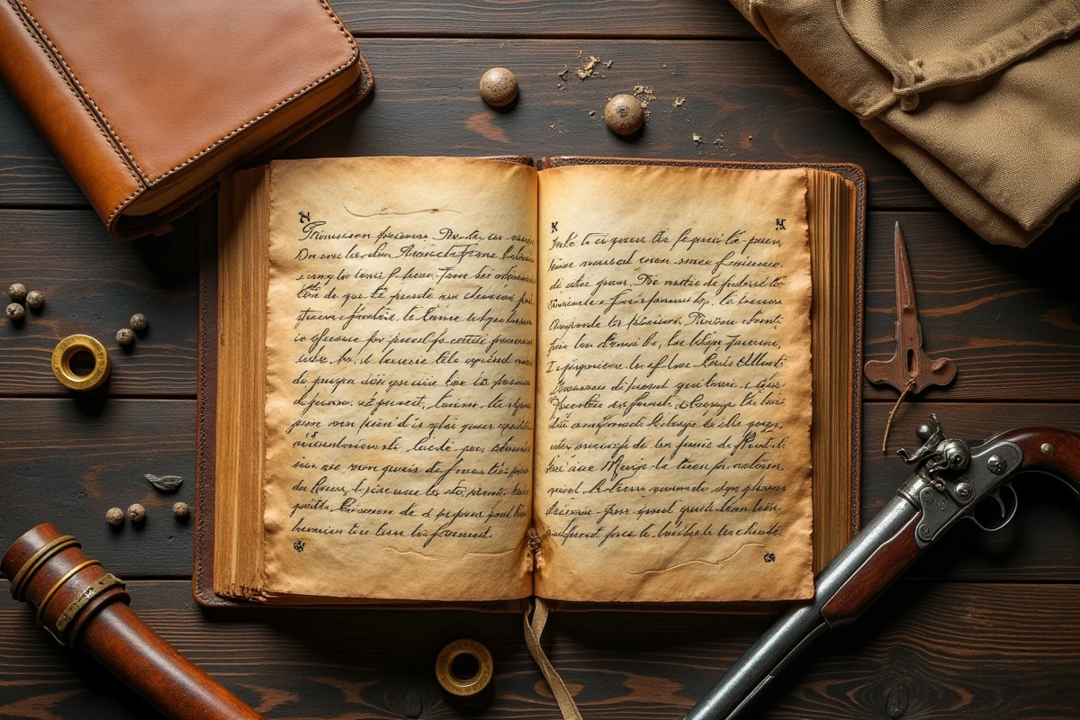 Objets historiques du XVIIe siècle disposés sur une table en chêne, incluant une carte ancienne, un journal manuscrit, un pistolet à silex et des balles de mousquet illustrant le contexte de la mort de d'Artagnan