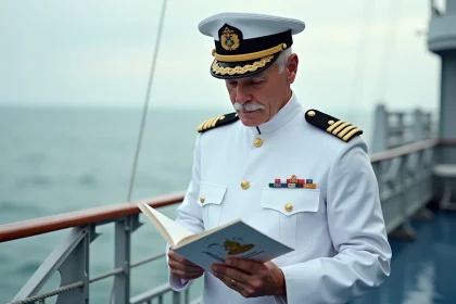 Officier naval français en uniforme blanc sur le pont