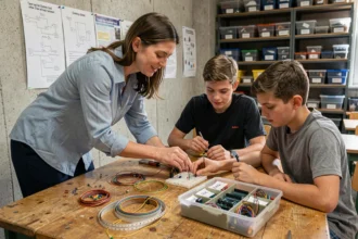 Enseignante aidant des élèves à assembler des composants électroniques sur une planche d'essai dans une salle de classe atelier Mon Club Elec
