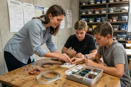 Enseignante aidant des élèves à assembler des composants électroniques sur une planche d'essai dans une salle de classe atelier Mon Club Elec