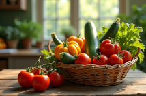Panier de légumes frais zucchinis tomates et zapote