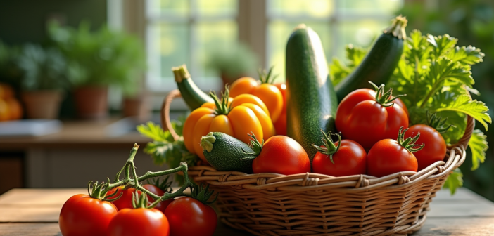 Panier de légumes frais zucchinis tomates et zapote