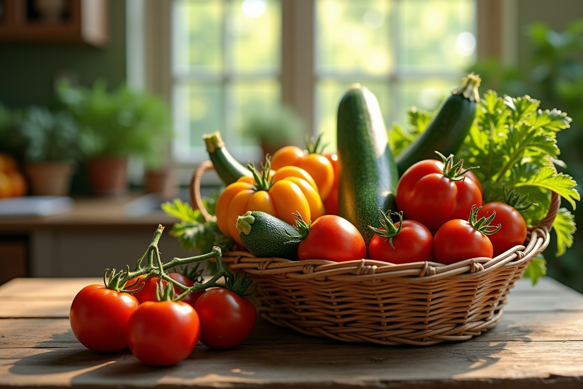 Panier de légumes frais zucchinis tomates et zapote