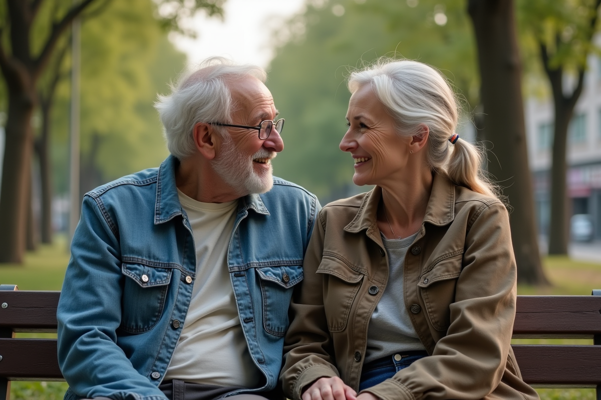 Père et fille discutant sur un banc dans un parc urbain