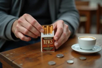 Paquet de cigarettes NEWS ouvert posé sur une table de café avec des pièces en euros et un expresso