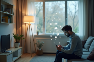 Personne seule dans un salon lumineux regarde son smartphone