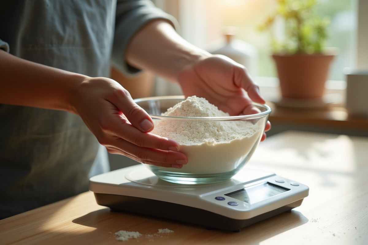 Personne pesant 500g de farine sur balance digitale