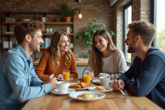 Quatre jeunes adultes souriants autour d'un petit déjeuner convivial