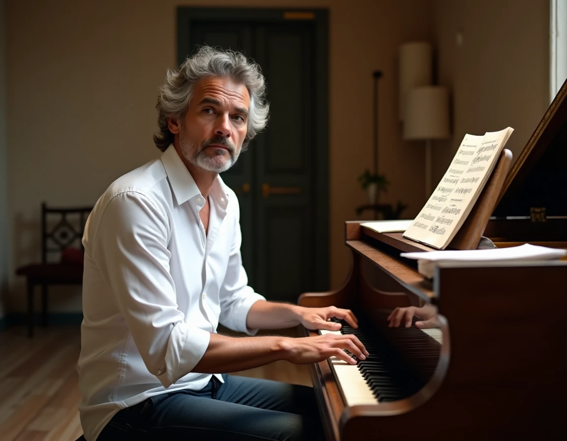 Pianiste français connu en répétition dans les coulisses avant un concert