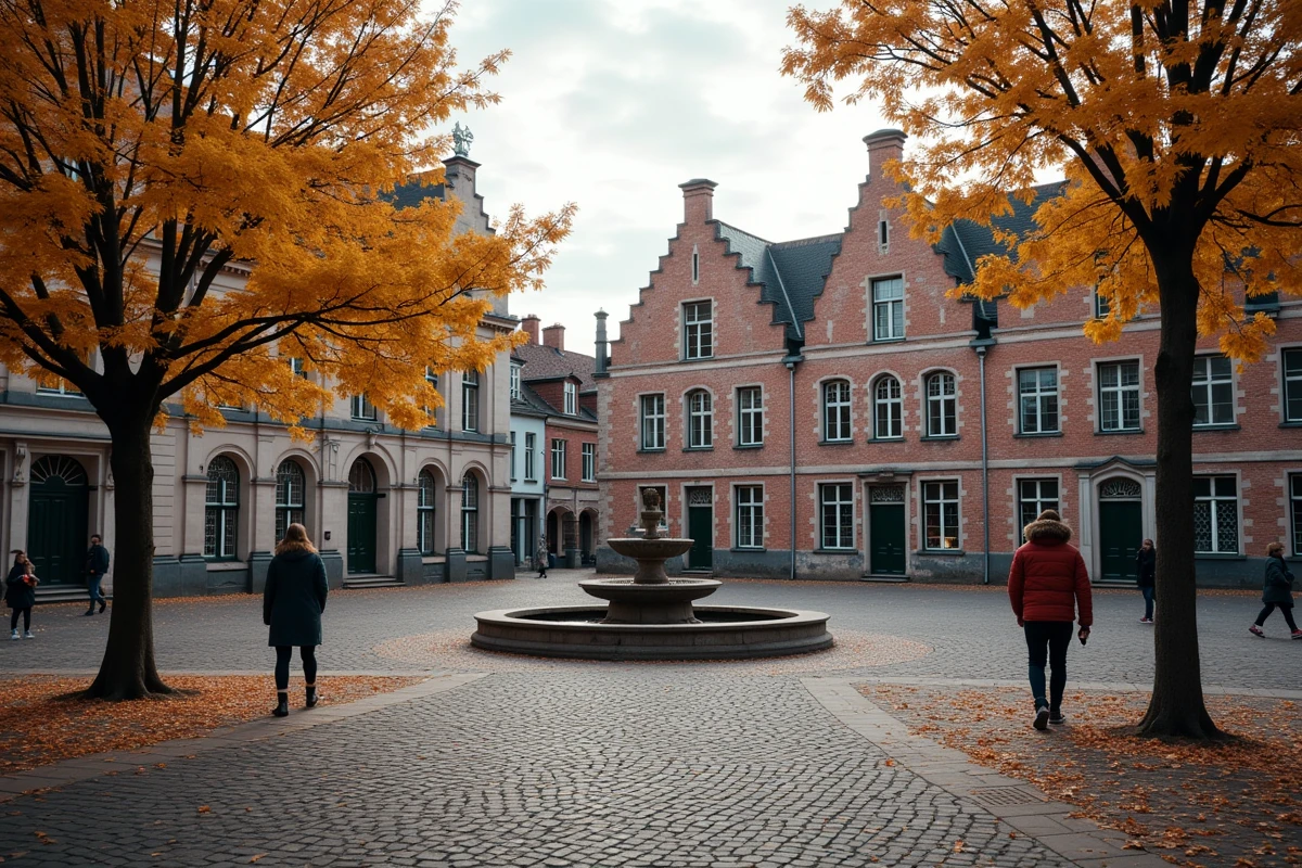 Place pavée d'une ville belge en 4 lettres avec architecture flamande typique en automne