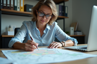 Femme examinant un plan d'urbanisme dans un bureau