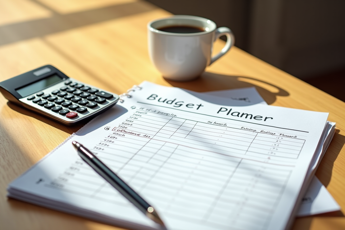 Agenda de budget avec calculatrice et café sur bureau lumineux