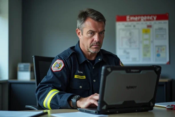 Pompiers en uniforme utilisant un ordinateur dans un bureau