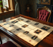 Table en bois avec portraits vintage et arbre généalogique