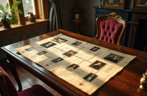 Table en bois avec portraits vintage et arbre généalogique