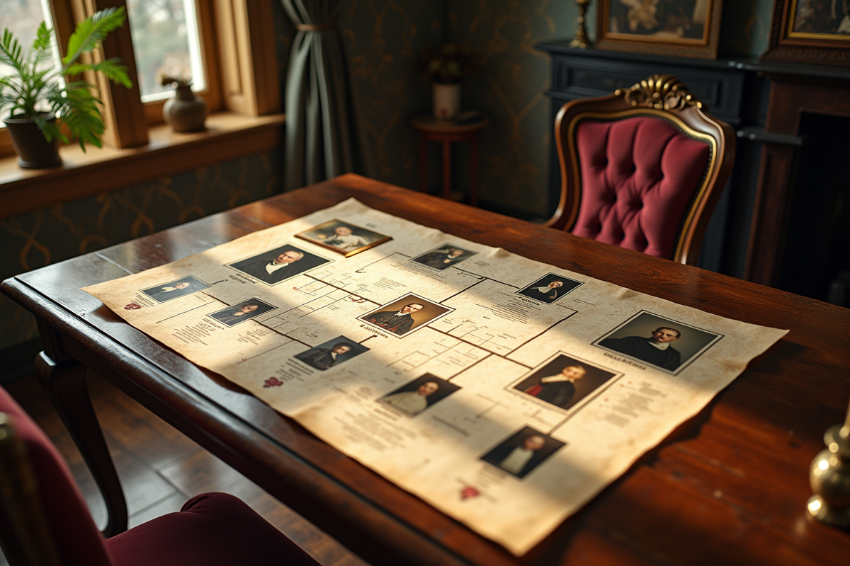 Table en bois avec portraits vintage et arbre généalogique