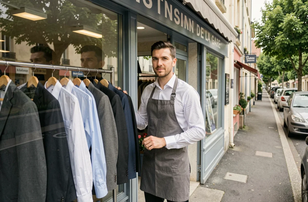 Employé du Pressing de la Gare à Rillieux-la-Pape accrochant des costumes et chemises fraîchement pressés sur un rail près de la vitrine