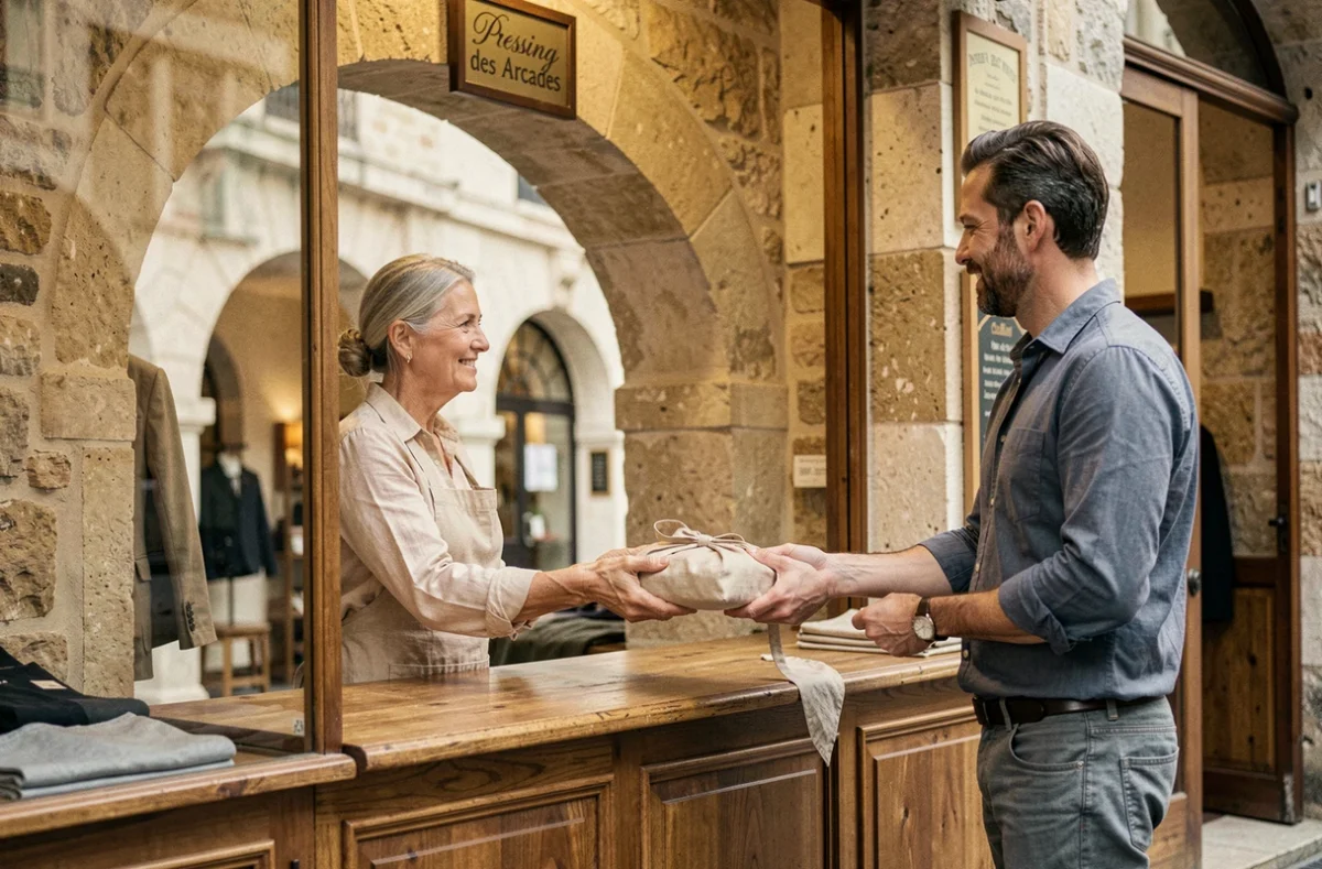 Employée du Pressing des Arcades à Chamalières remettant un vêtement emballé à un client au comptoir de la boutique