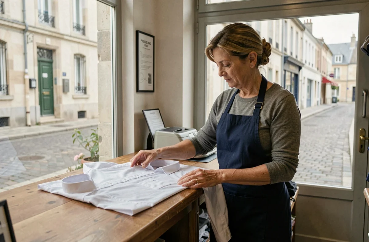 Employée du Pressing Kunz à Beaumont inspectant une chemise blanche fraîchement repassée au comptoir de la boutique