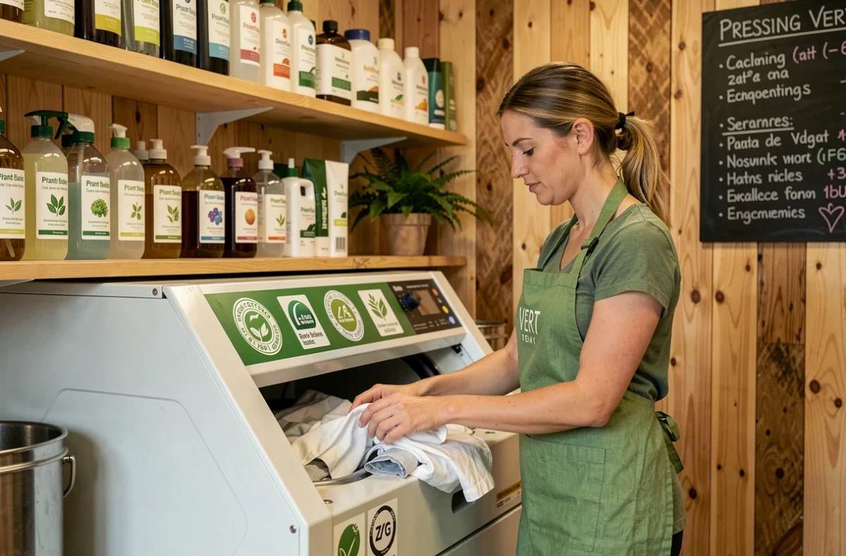 Employée du Pressing Vert à Lyon chargeant des vêtements dans une machine de nettoyage écologique entourée de produits naturels