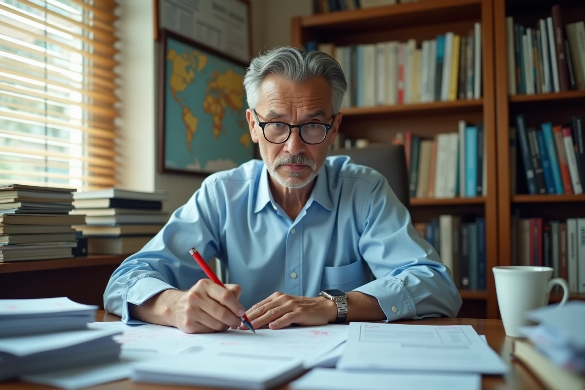 Professeur d'université corrigeant des copies d'examen sur les pays développés dans son bureau académique