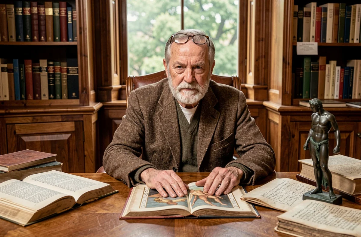 Professeur universitaire étudiant des manuscrits sur le mythe de Prométhée dans un bureau académique classique