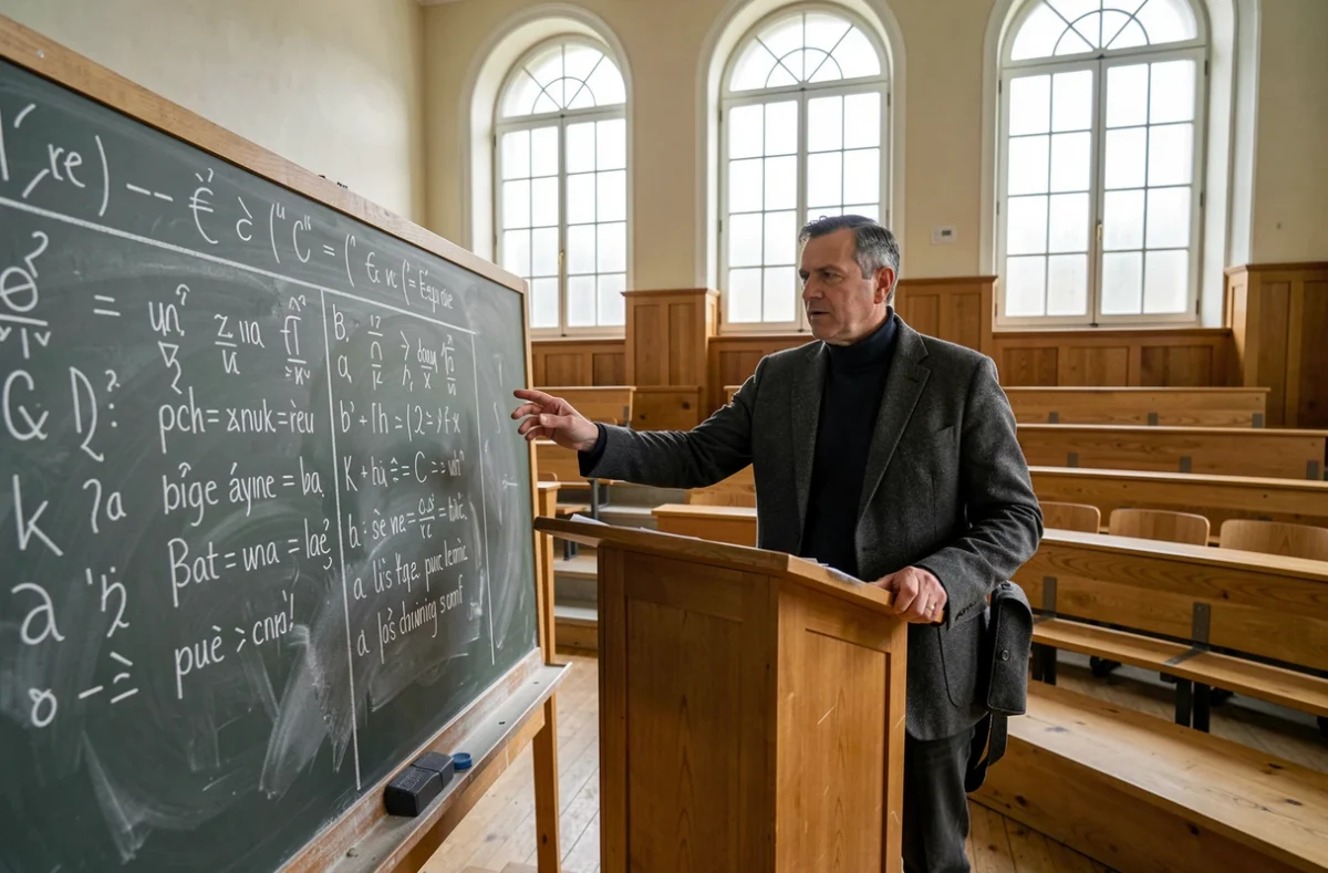 Professeur de littérature expliquant les règles des rimes en français devant un tableau avec des exemples phonétiques écrits à la craie