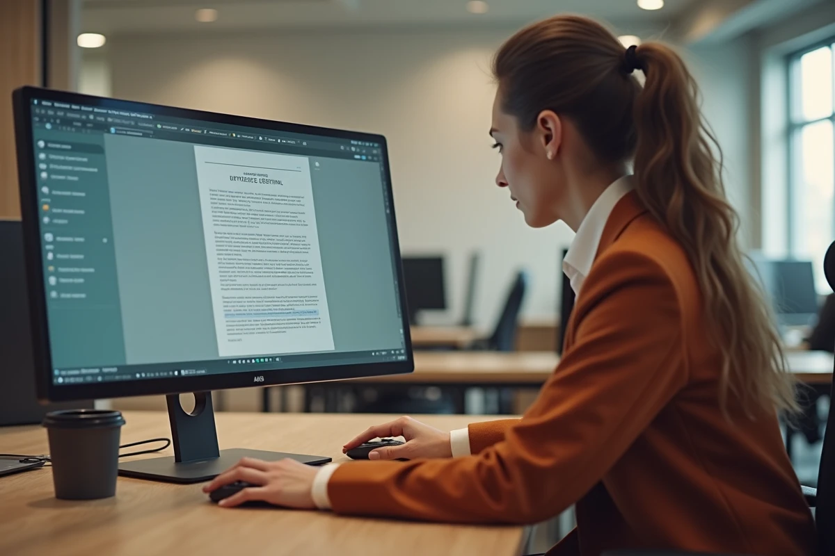 Jeune professionnelle révisant une lettre formelle sur écran dans un espace de coworking contemporain